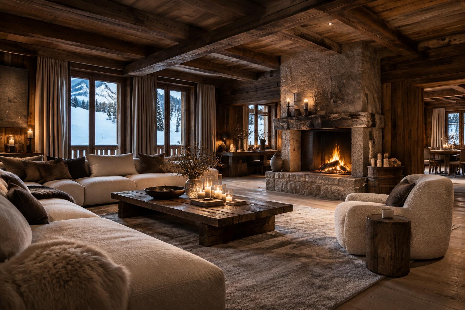 The historic timber and stone interior of Chalet 1597