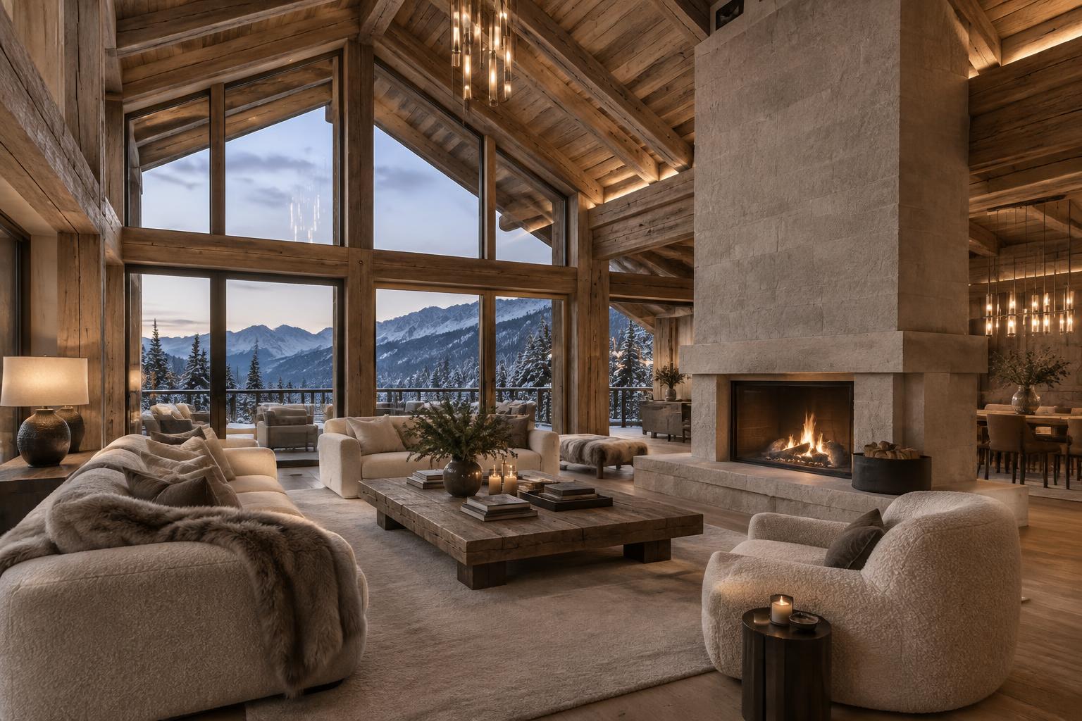 A refined timber lounge at Chalet Silver overlooking snowy Alpine peaks
